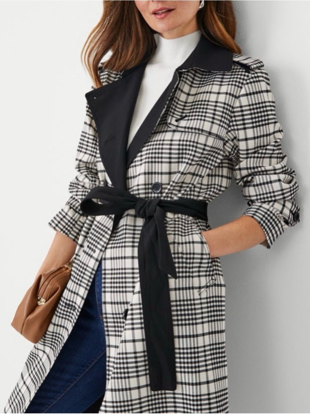 Ann Taylor Black & White Plaid Trench Coat with Contrast Black Collar Small